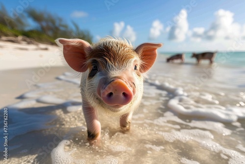 Bright-eyed piglet wading in shallow sea waters with a scenic beach horizon and waves lapping