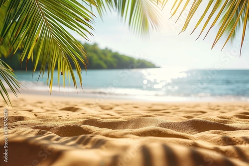 Capture a serene holiday vibe with this image of a pristine beach framed by lush tropical greenery and sparkling waters