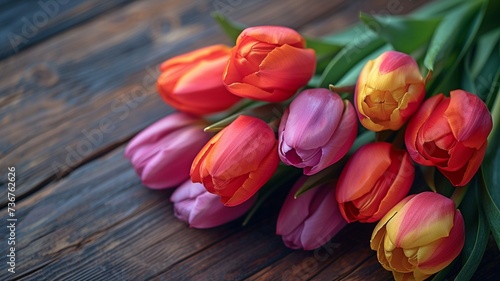 On a wooden backdrop, springtime tulips