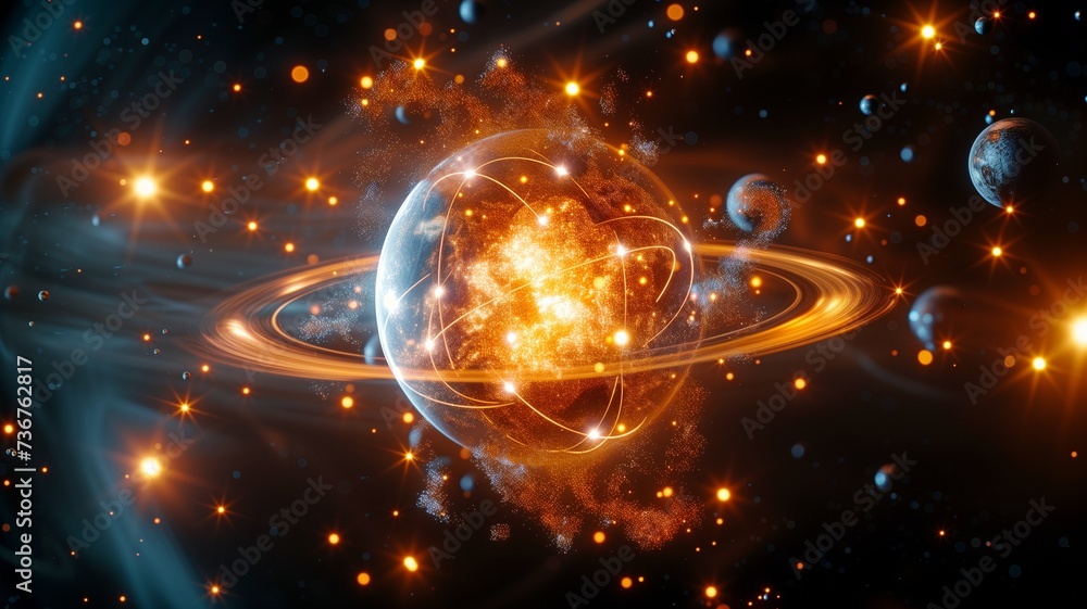 An electron's orbit reveals the code of a helium atom. - obrazy, fototapety, plakaty 