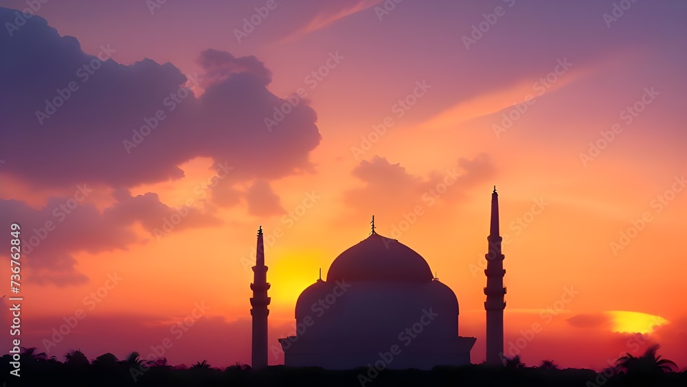 Fototapeta premium Silhouette of a mosque on a background of sunrise.