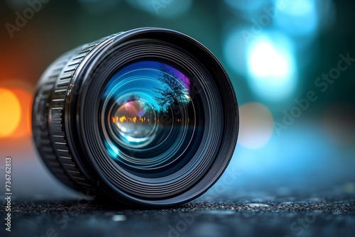 Artistic photo of a camera lens reflecting a serene tree and evening sky scene