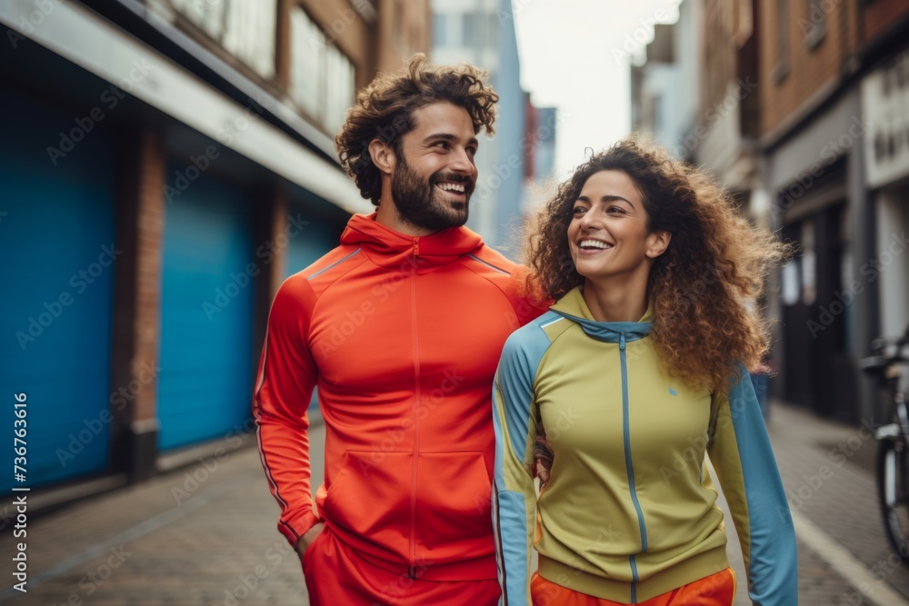 Joyful athletic couple in vibrant sportswear walking in the city