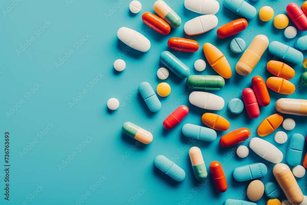 Assorted Pharmaceutical Pills and Capsules on a Blue Background. Healthcare and Medicine Concept