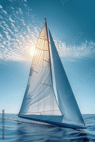 A complete view of a sailboat navigating on the sea with full sails, set against a backdrop of the sun © Martin