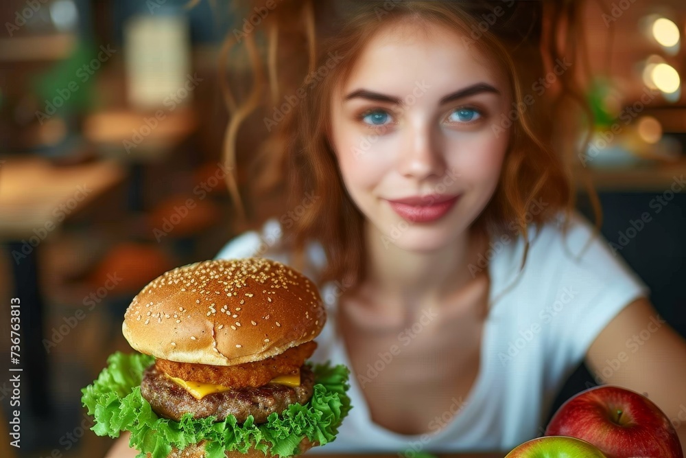Close up of a young woman holding a tempting cheeseburger, showcasing the indulgence of classic comfort food Close up of a young woman holding a tempting cheeseburger, showcasing the indulgence of classic comfort food