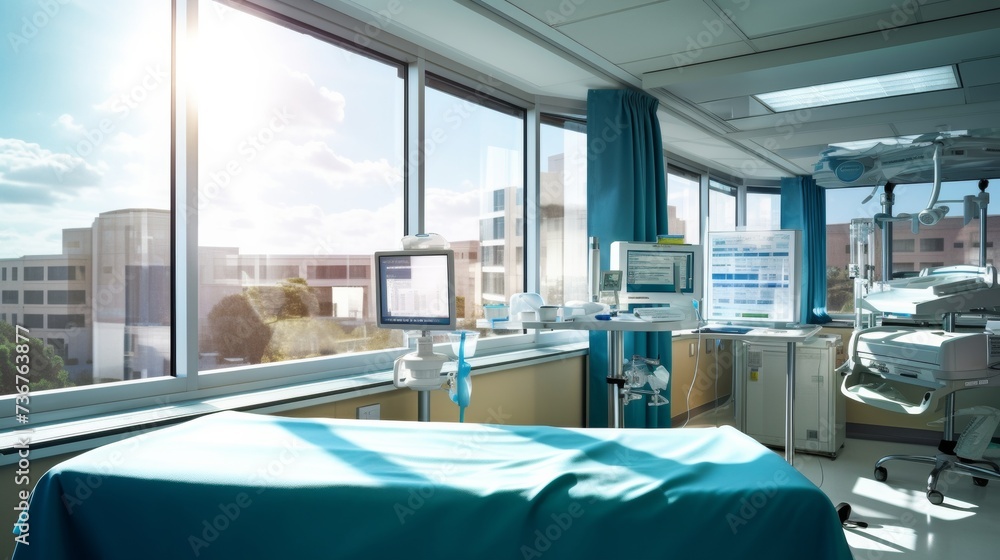 Sunlit hospital room with modern medical equipment Sunlit hospital room with modern medical equipment