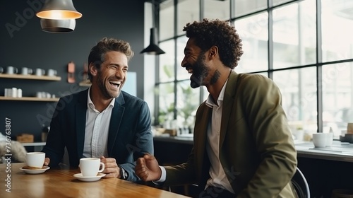 Two men laughing over coffee in a modern café setting photo
