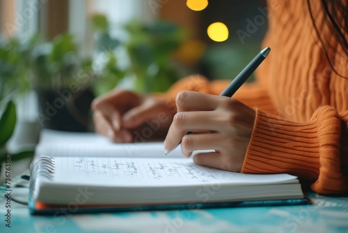 Cozy image of person writing in a notebook by the window with soft light and plant decor © LifeMedia