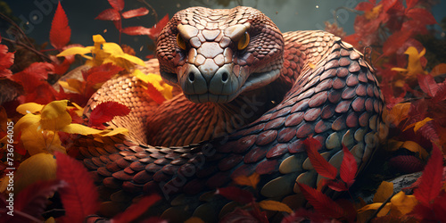 Portrait of a red snake with open mouth and sharp poisonous teeth ready to bite
