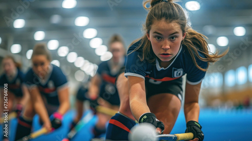 Female field hockey player in navy and white, pushing forward with intensity in an energetic indoor match.