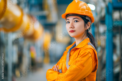 Portrait of Asian Industry maintenance engineer woman wearing uniform and safety hard hat on factory station. Industry, Engineer, construction concept. © MVProductions
