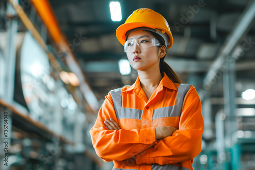 Portrait of Asian Industry maintenance engineer woman wearing uniform and safety hard hat on factory station. Industry, Engineer, construction concept.