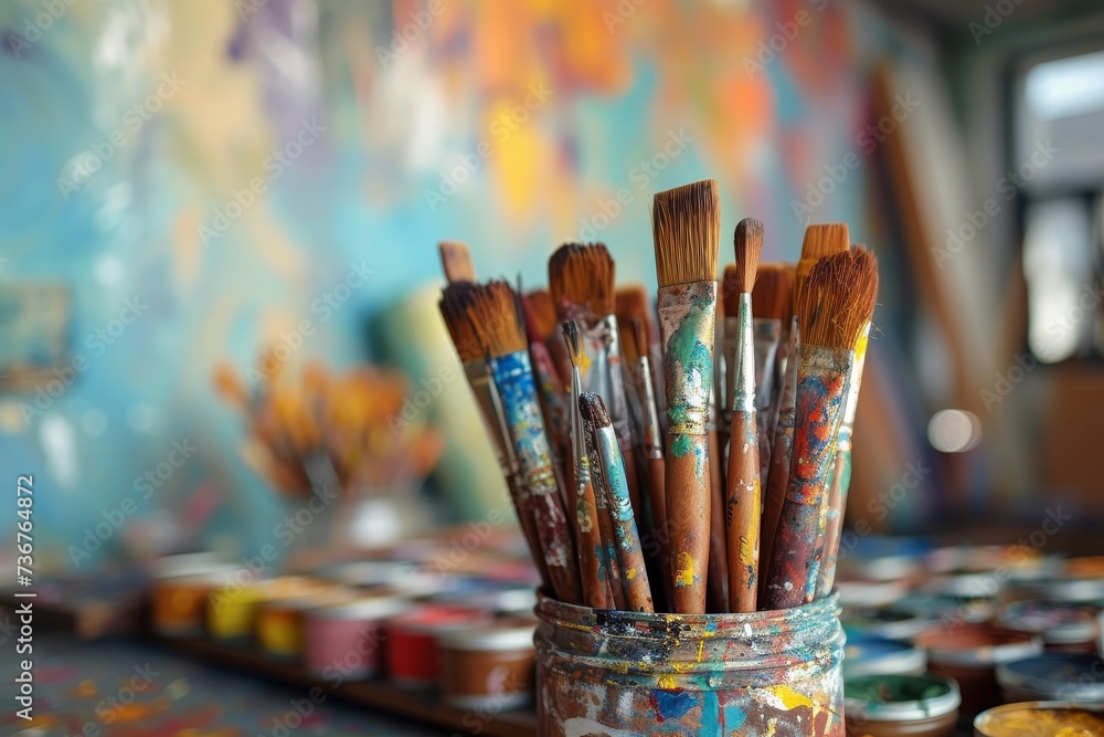 A vibrant artist's studio, featuring a plethora of paintbrushes and paint pots, filled with the magic of art A vibrant artist's studio, featuring a plethora of paintbrushes and paint pots, filled with the magic of art