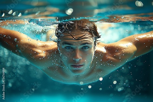 A male swimmer with clear visibility underwater, bubbles and light reflections visible photo
