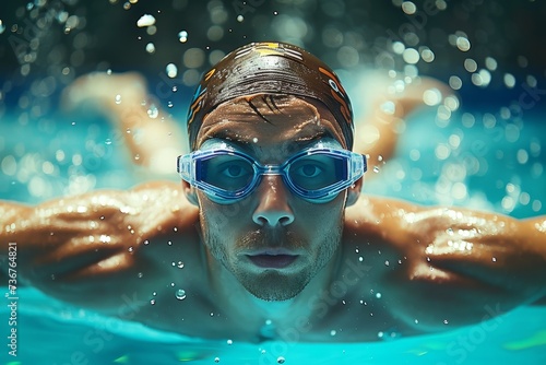 Focused swimmer wearing goggles captured under the water with detailed bubbles around