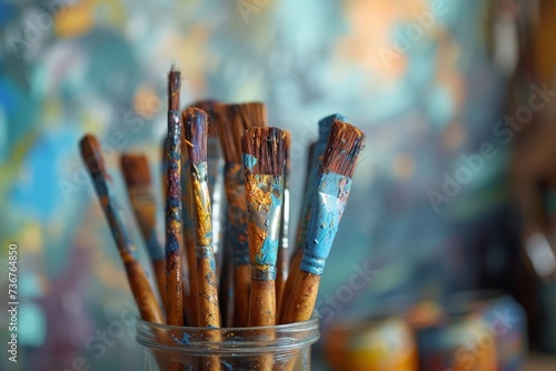 A collection of paint brushes clotted with vibrant paints after being used for artistic creation photo