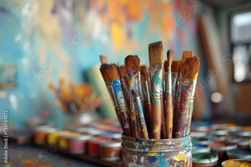 A vibrant artist's studio, featuring a plethora of paintbrushes and paint pots, filled with the magic of art