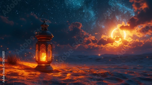 Enchanting desert nightfall with an ornate lantern glowing under a crescent moon