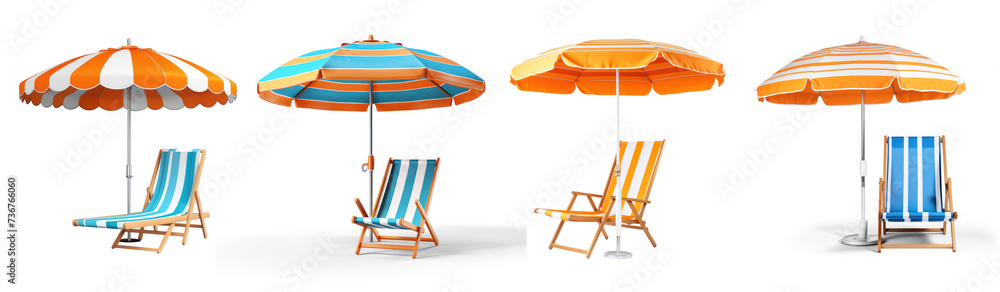 no background. one beach chair with one sun umbrella on transparency background PNG