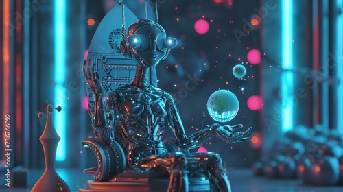 Cartoon digital avatar of the Astrologer A genderless alien with multiple eyes, sitting on a throne in a futuristic setting. They hold a holographic star chart in one hand and control photo