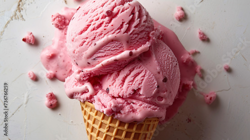 Delicious red fruit ice cream with a cone-shaped cone. 