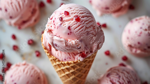 Appetizing strawberry ice cream with a cone-shaped cone.