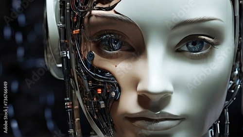 An illustration of robot humans in the future. Close up of human droid face. Artificial human technology in the future. Background of technology, AI, science and sophistication
