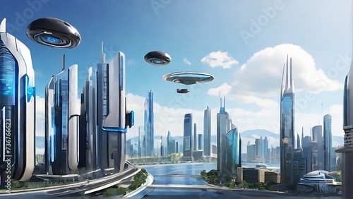 Illustration of a future metropolis with skyscrapers and a beautiful city layout with clean rivers. Future cityscape with ufo vehicles dotting the sky