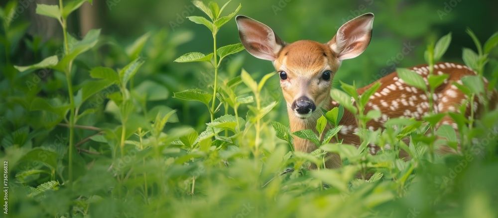 a baby deer is sitting in the grass looking at the camera . High quality a baby deer is sitting in the grass looking at the camera . High quality