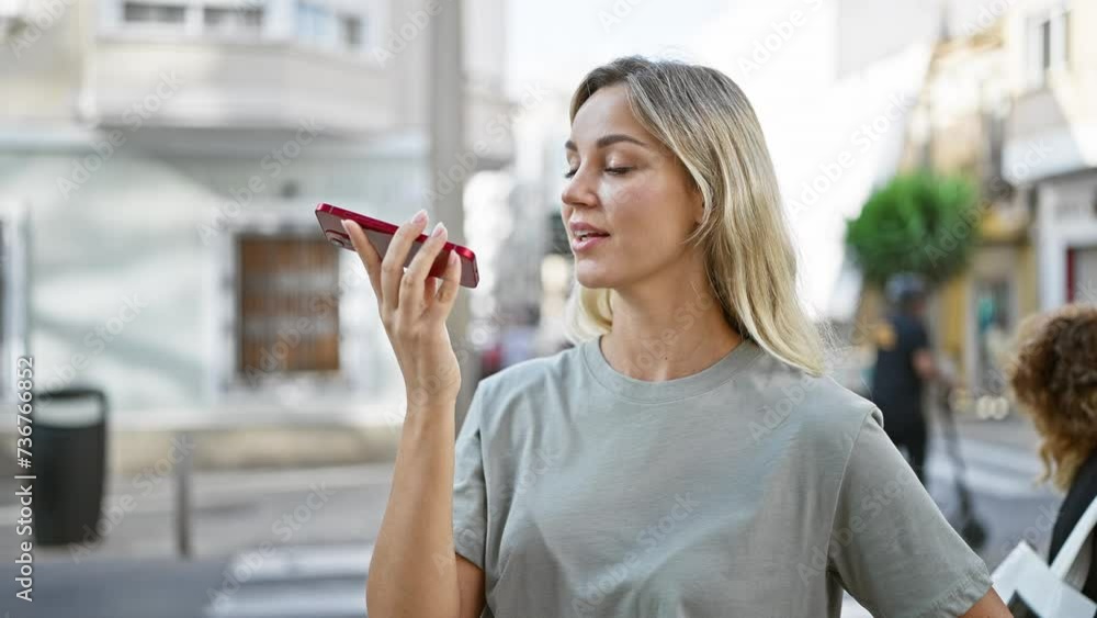 Caucasian woman talks on smartphone on a city street, portraying connectivity and urban lifestyle. Caucasian woman talks on smartphone on a city street, portraying connectivity and urban lifestyle.