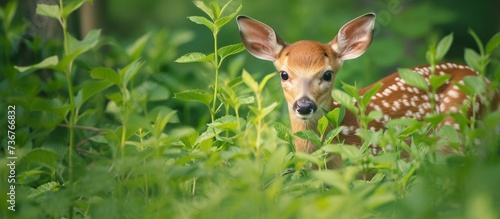 a baby deer is sitting in the grass looking at the camera . High quality © 2rogan