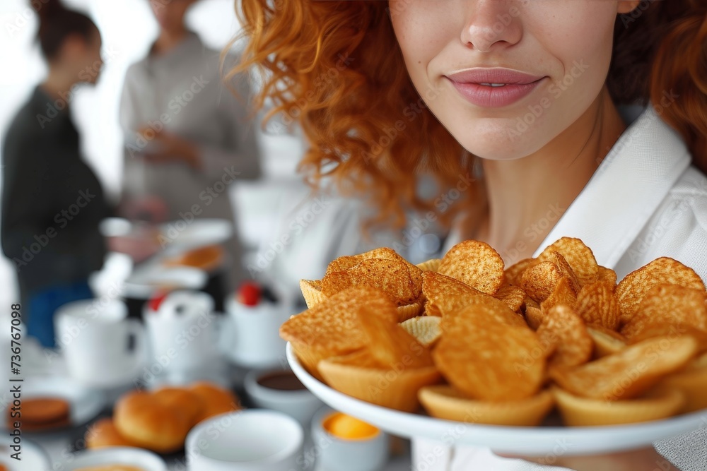 An unidentified individual presents a plate of tempting pastries against a blurred social backdrop An unidentified individual presents a plate of tempting pastries against a blurred social backdrop