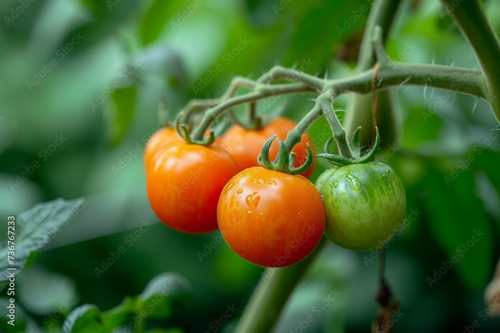 Beautiful focus on a cluster of tomatoes in different stages of ripeness, symbolizing natural growth and agriculture