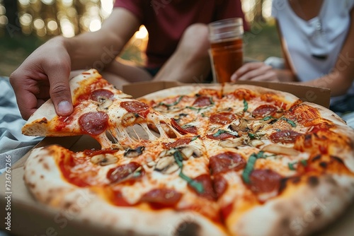 Mesmerizing view of a hand pulling a cheesy pizza slice, melted mozzarella stretching from the pizza