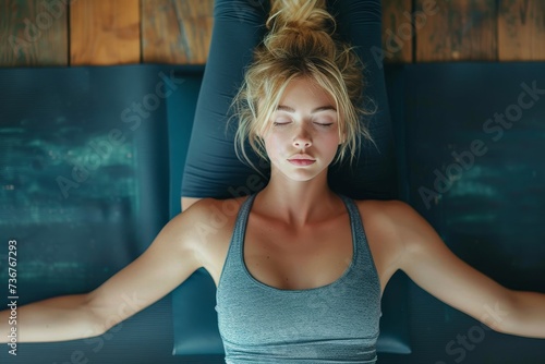 Tranquil woman in athletic wear lying down with eyes closed, in a relaxed yoga pose