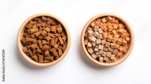 Pellets of dry food for dog and cat in the bowl, white background