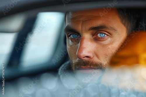 Intense looking man in a vehicle with reflections of city lights in the window
