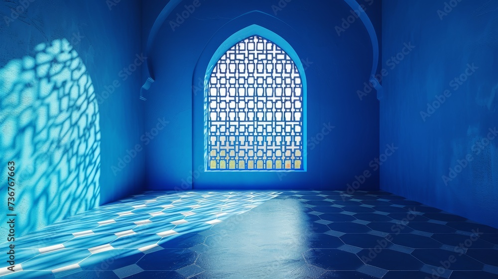 Blue room with arched window casting shadows, tranquil and architectural beauty - obrazy, fototapety, plakaty 