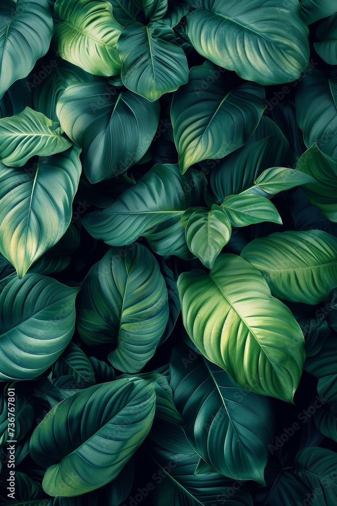 A dense array of vibrant green tropical leaves creating a textured natural background