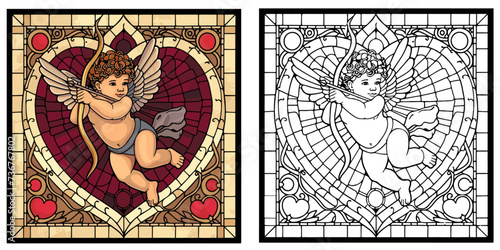 Cupid Holding Bow and Arrow with Presents Coloring Page Stained Glass Vector Art