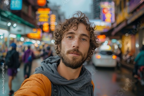Young traveler selfie with bright neon signs of city at night