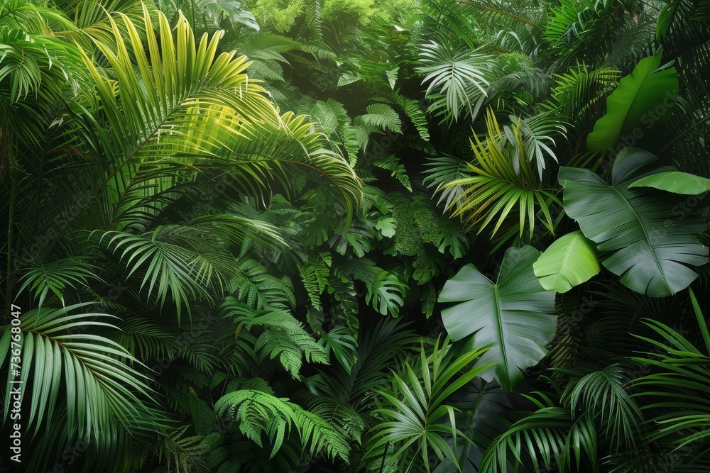 Fototapeta A lush and vibrant display of various shades of green tropical plants, exuding a peaceful vibe