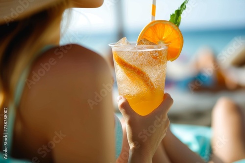 A young woman's hand holding a condensation-covered glass of cold orange drink on a sunny beach