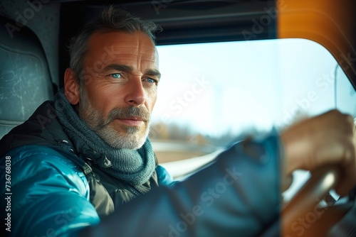 Confident mature truck driver with his hands on the wheel in vehicle cabin © LifeMedia