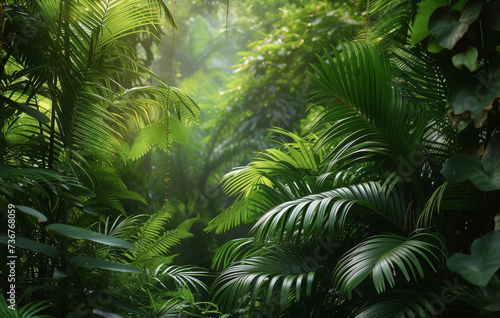 Deep green leaves and ferns with sun beams piercing through in a dense tropical rainforest
