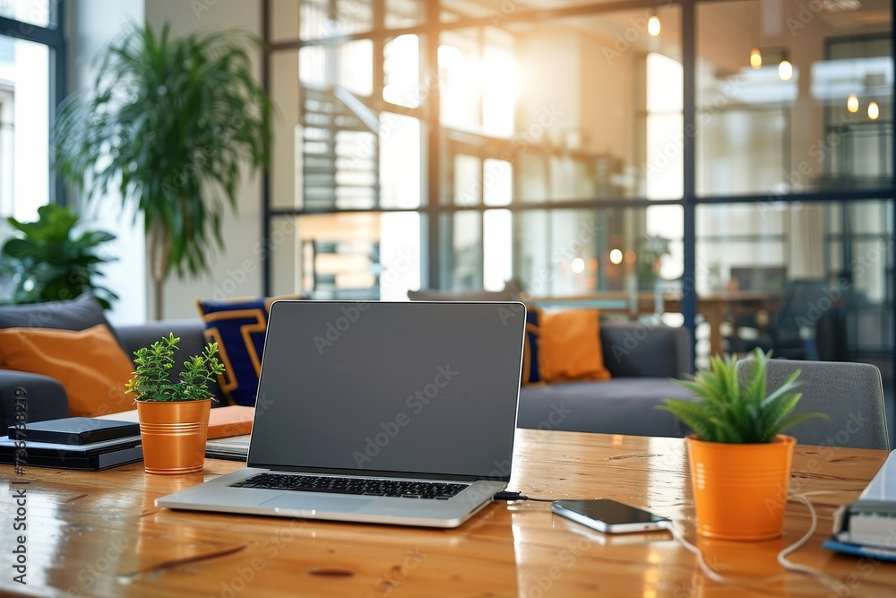 An open, silver laptop sits on a wooden table, surrounded by modern office decor and illuminated by natural light from large windows An open, silver laptop sits on a wooden table, surrounded by modern office decor and illuminated by natural light from large windows