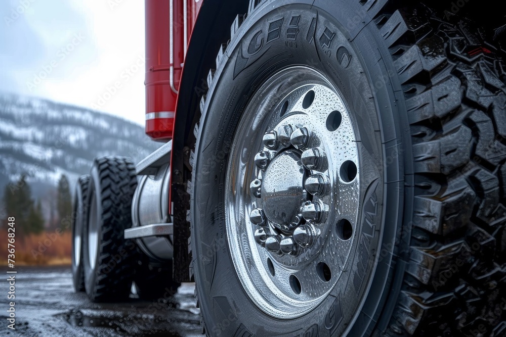 A striking image showing a reflective truck tire tread on wet pavement with snow in the background A striking image showing a reflective truck tire tread on wet pavement with snow in the background