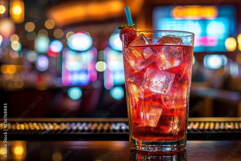 A vivid, lively image of a colorful iced drink on a bar counter, encapsulating the energy of nightlife and social gatherings A vivid, lively image of a colorful iced drink on a bar counter, encapsulating the energy of nightlife and social gatherings