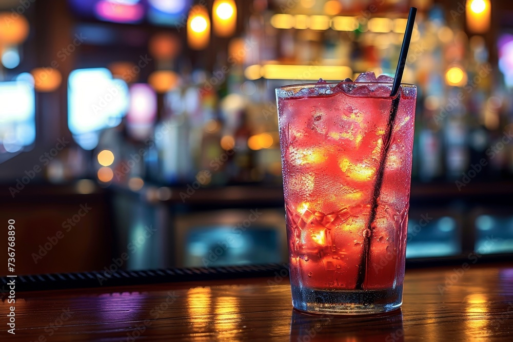 A refreshing cocktail glass filled with ice and crimson liquid on a bar with a blurry background A refreshing cocktail glass filled with ice and crimson liquid on a bar with a blurry background
